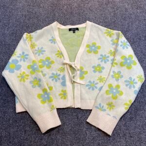Witty Fox 60s Inspired Floral Cropped Cardigan Sweater XL Retro Blue Green Tie